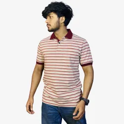 Men's White & Maroon Striped Polo T-Shirt | Premium Cotton Regular Fit